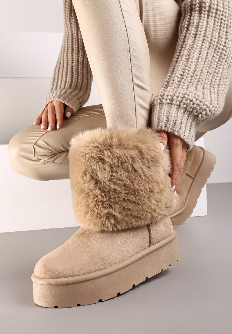 Ciemnobeżowe Krótkie Śniegowce na Grubej Podeszwie Ozdobione Futerkiem Naolani