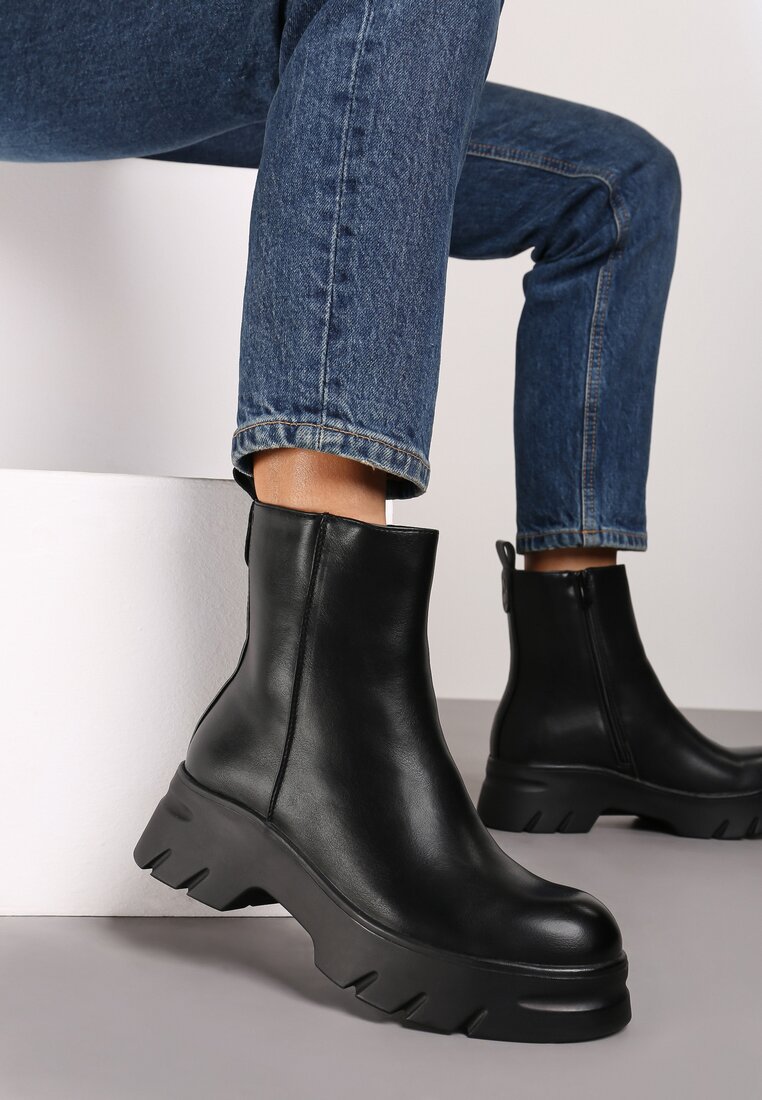 Czarne Płaskie Botki w Stylu Sztybletów z Ociepleniem Hanalen