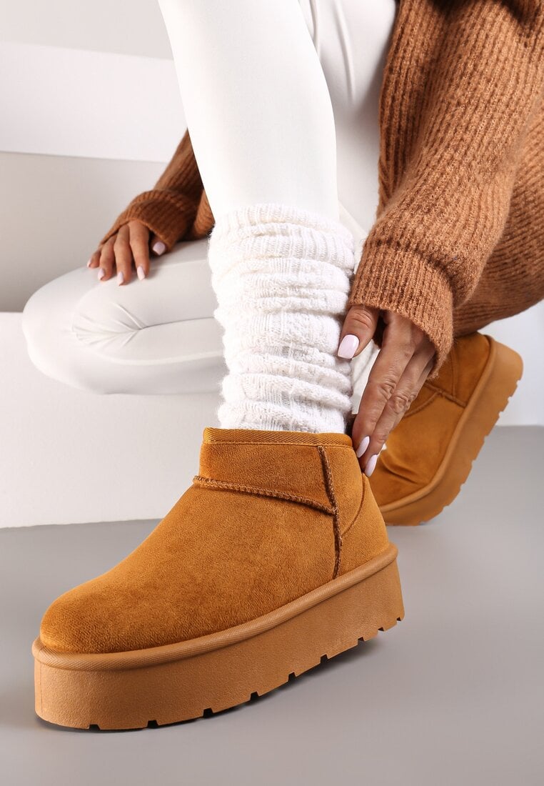 Brązowe Wsuwane Śniegowce na Platformie z Krótką Cholewką Arinara