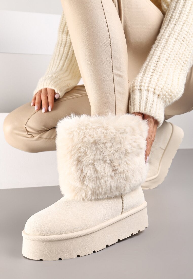 Beżowe Krótkie Śniegowce na Platformie z Futerkiem Naontia