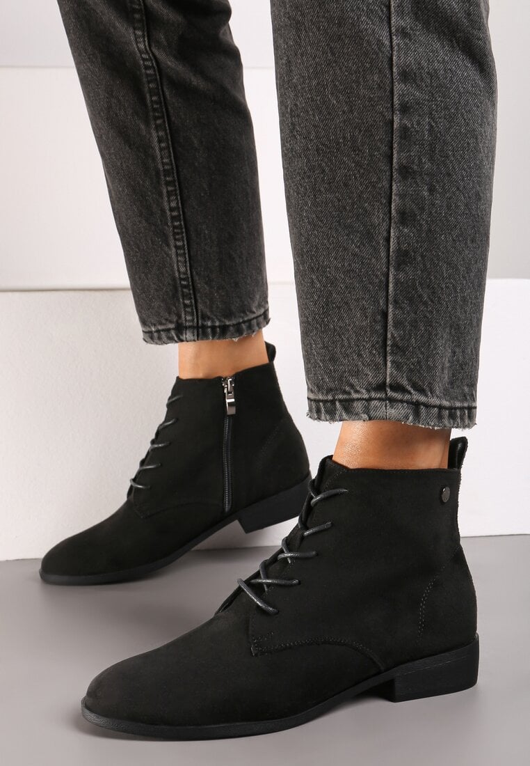 Czarne Płaskie Botki ze Sznurowaniem Erisette