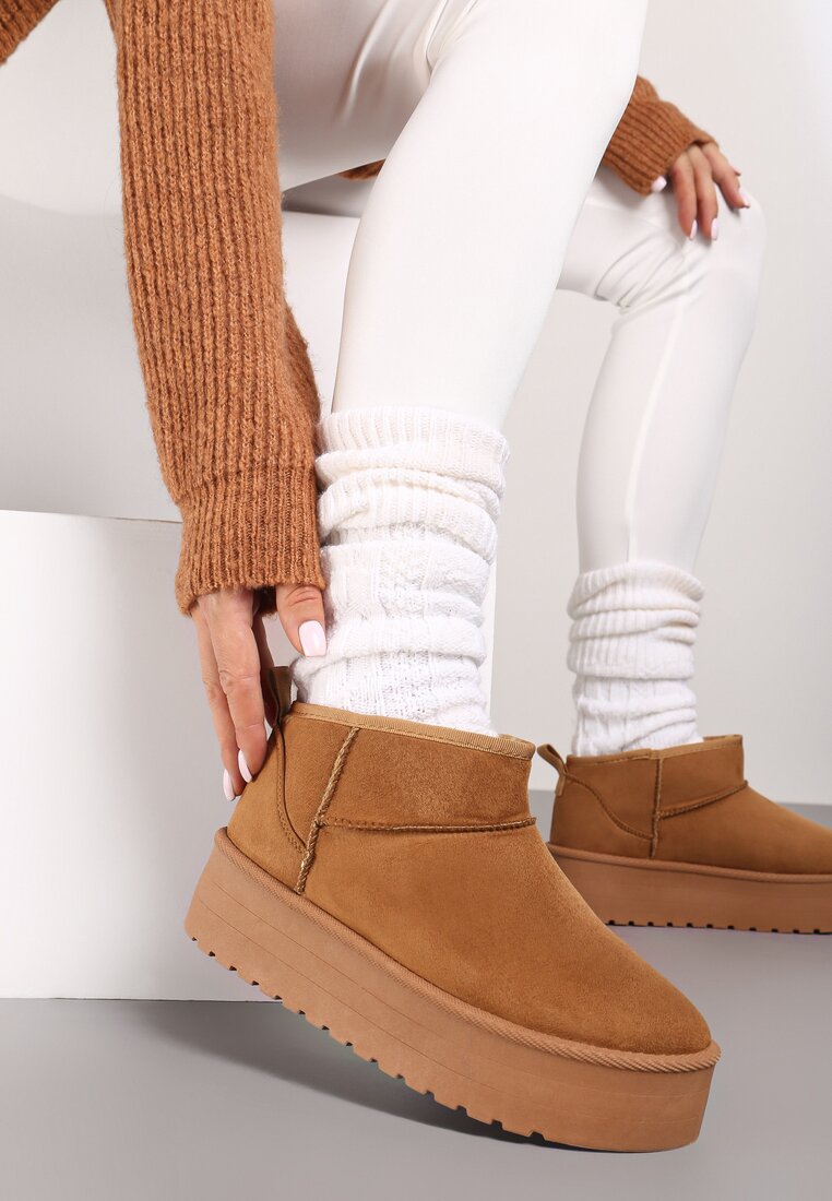 Brązowe Ocieplone Śniegowce Wsuwane na Platformie Meralyn