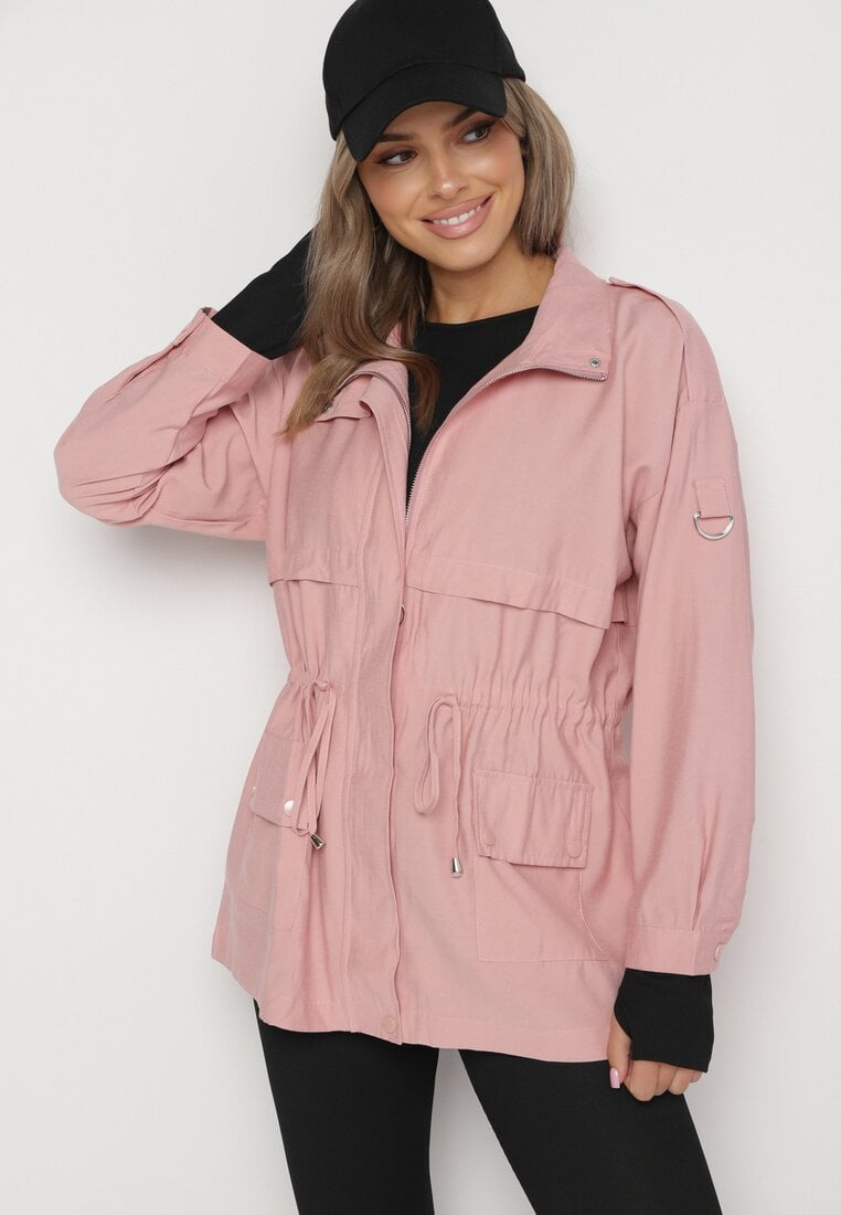 Różowa Kurtka Parka z Bawełną Ściągana w Pasie Troczkiem Zapinana na Napy Velethra