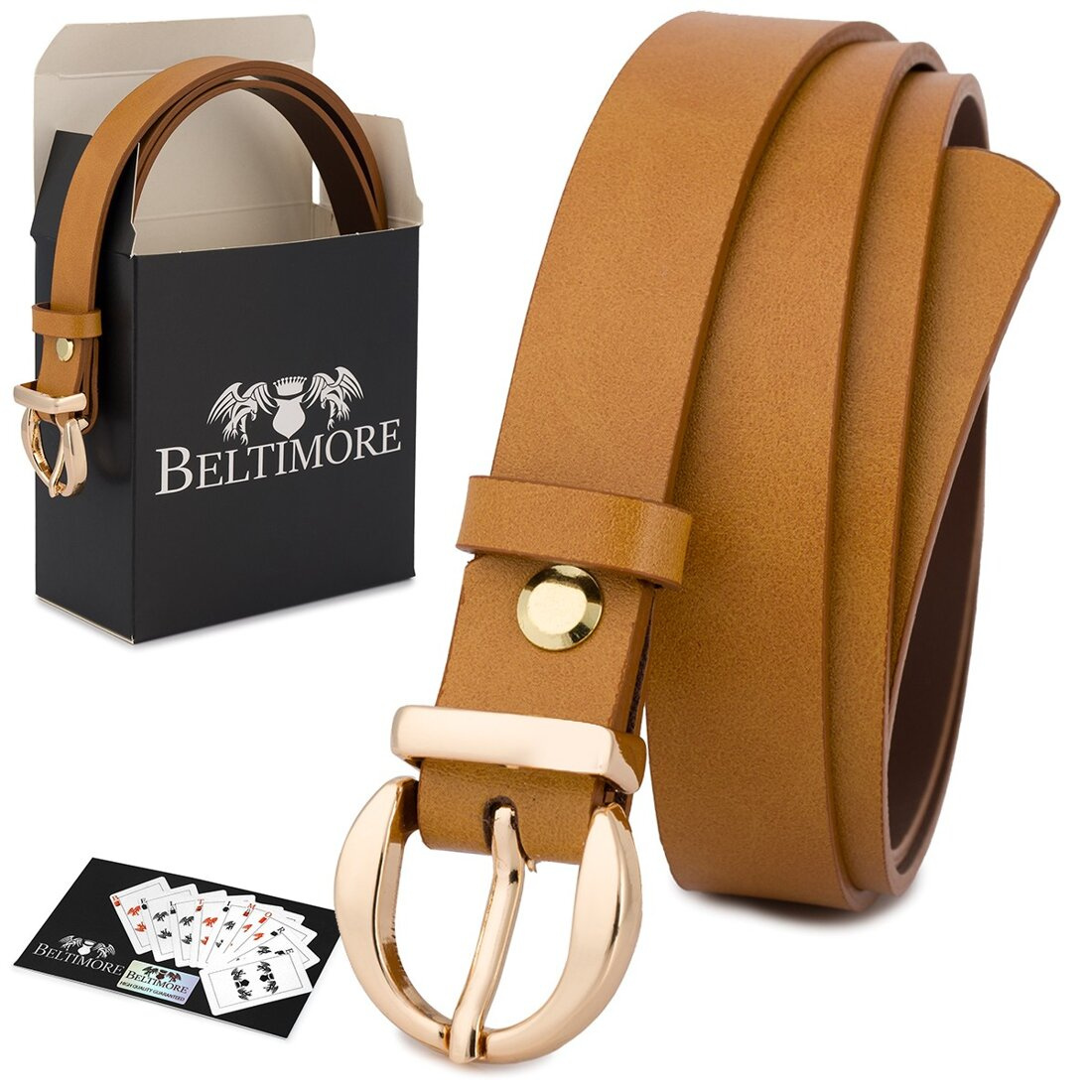 Skórzany pasek damski do spodni sukienki camelowa skóra nat 1,8 cm Beltimore O24 : Kolory - brązowy, beżowy, Rozmiar pasków - r.95-110 cm