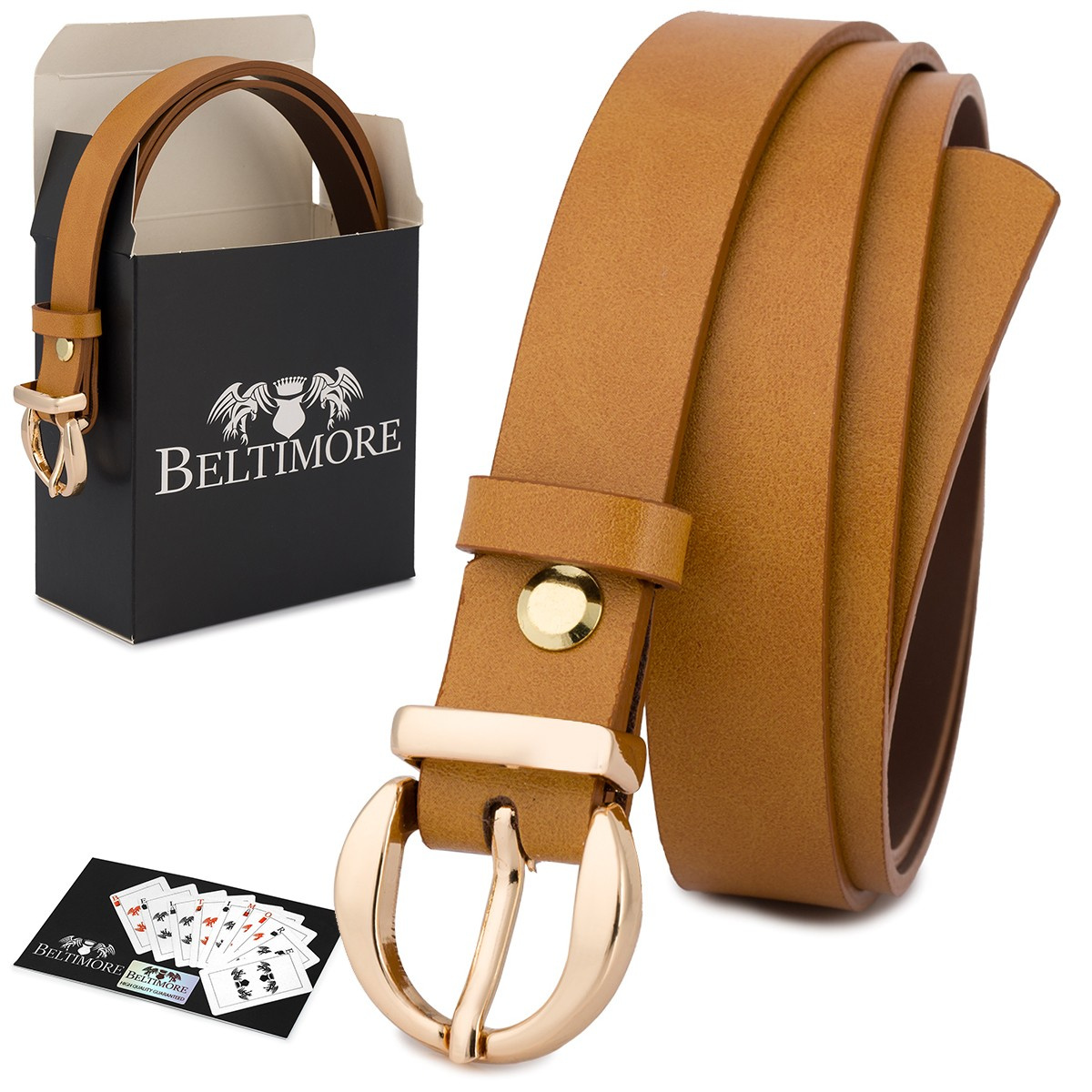 Skórzany pasek damski do spodni sukienki camelowa skóra nat 1,8 cm Beltimore O24 : Kolory - brązowy, beżowy, Rozmiar pasków - r.90-105 cm