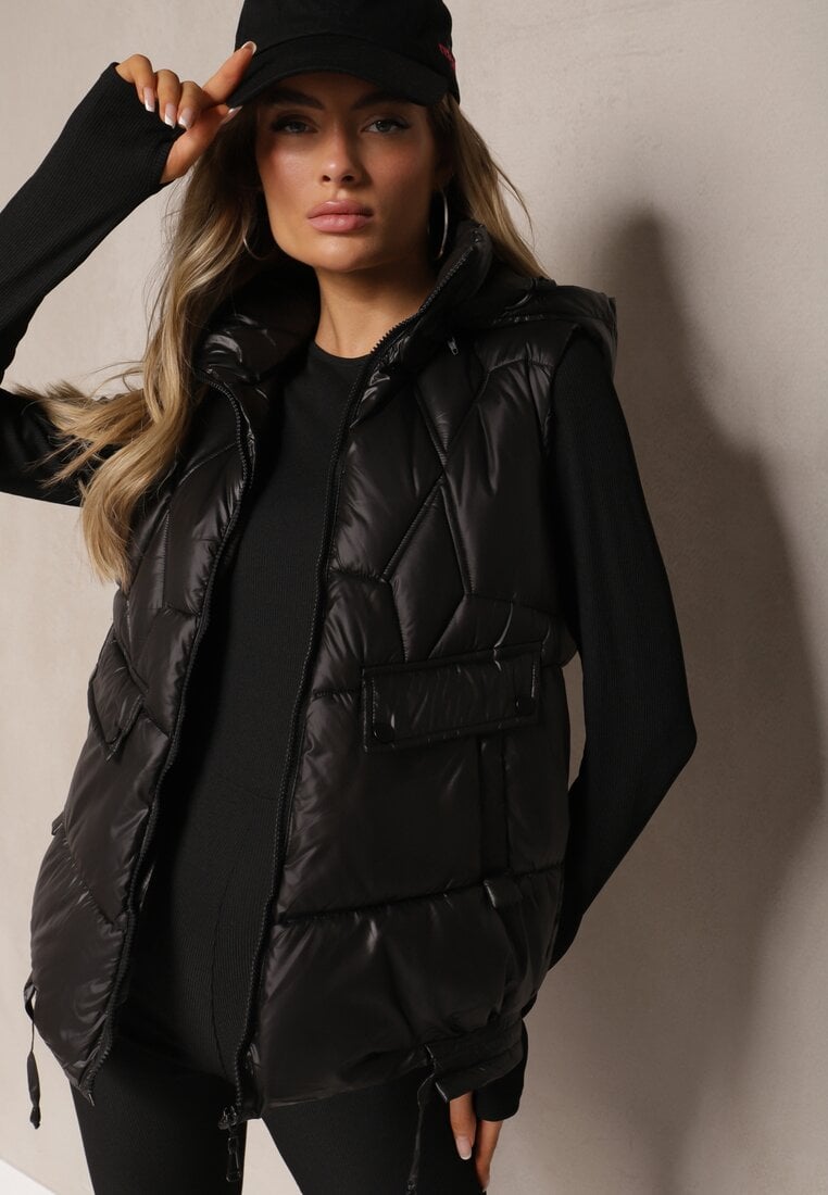 Czarna Pikowana Kamizelka z Troczkami i Odpinanym Kapturem Arrelarra