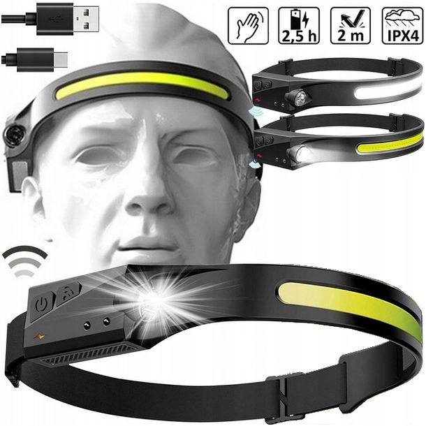 Latarka Czołowa Led Mocna Czołówka Czujnik Ruchu Wodoodporność Ipx4 1200mah