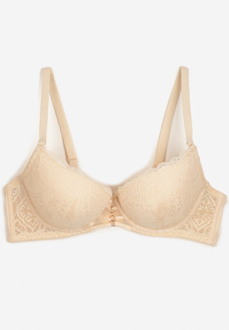 Jasnobeżowy Elegancki Biustonosz z Koronką i Zapięciem na Haftki Mairiel