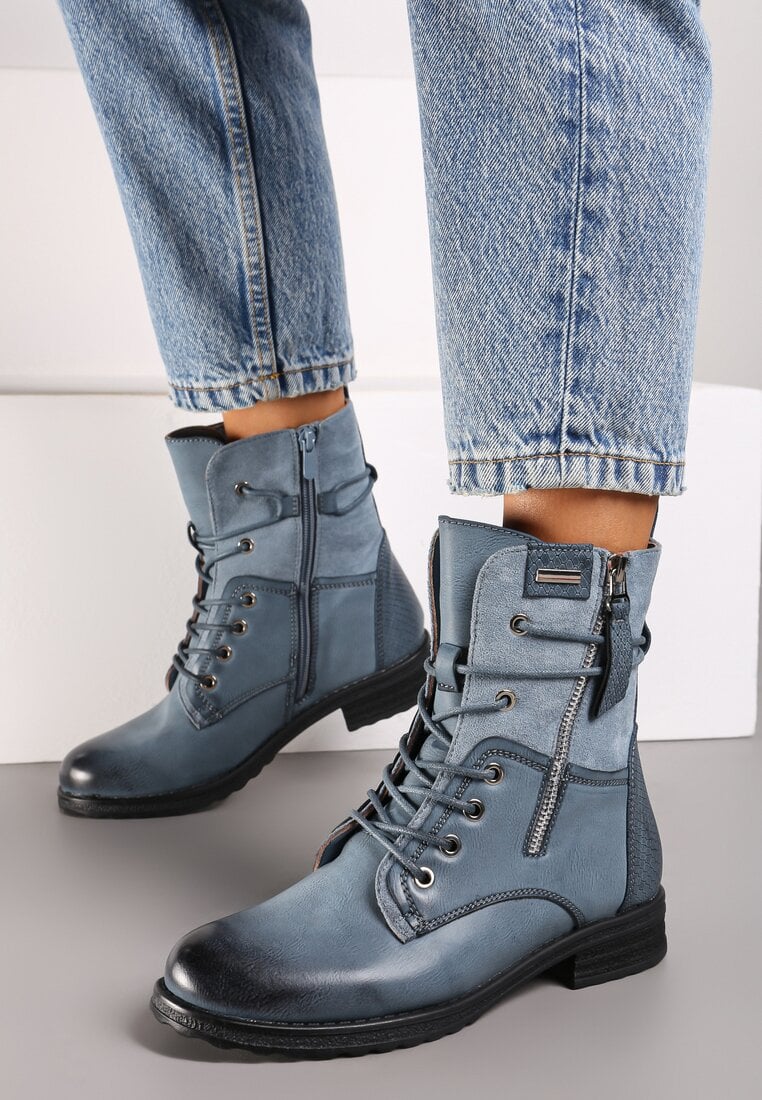 Niebieskie Botki Workery z Łączonych Materiałów z Ozdobnym Suwakiem Debiora