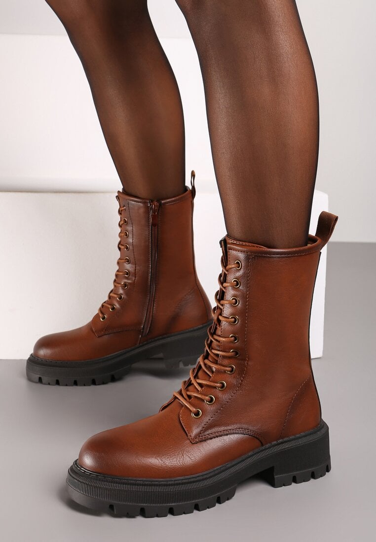 Brązowe Płaskie Botki z Wiązaniem z Przodu Laorae