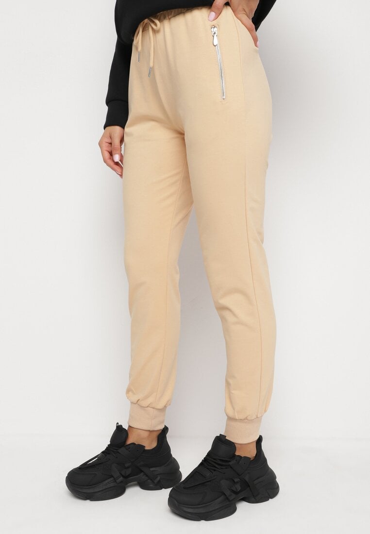 Beżowe Bawełniane Spodnie Dresowe z Wysokim Stanem Wykończone Suwakami i Wstążką Dedela