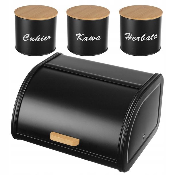 Chlebak Stalowy Z Zestawem Pojemników Kawa Herbata Cukier Metal Bambus
