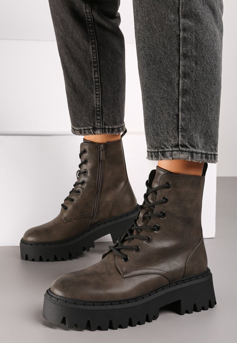 Szare Botki Workery na Grubej Podeszwie ze Sznurowaniem Sailia