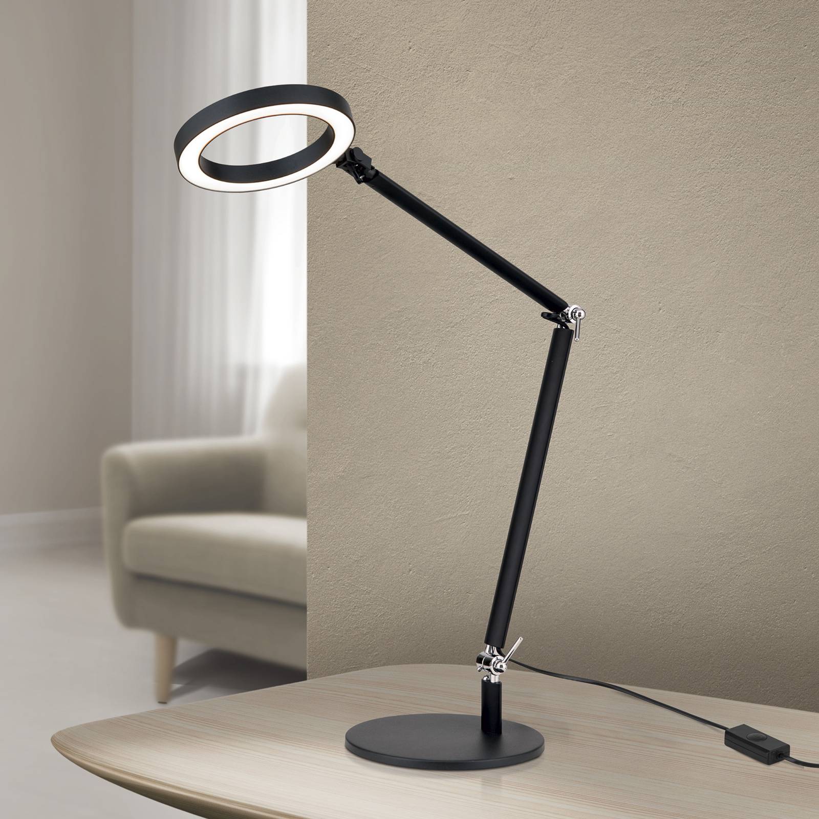 ORION Lampa stołowa LED Ringo, czarna, metalowa, regulowana, ściemniana