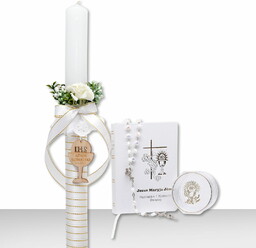 Zestaw na Pierwszą Komunię - świeca personalizowana, różaniec w pudełku i modlitewnik, okapnik