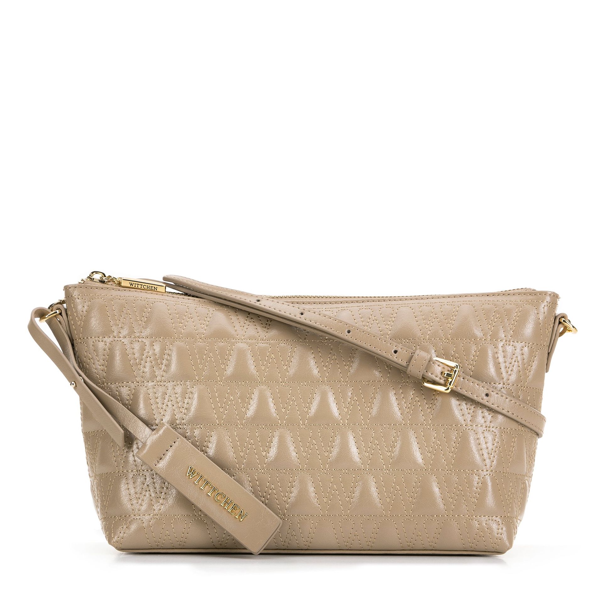 Damska torebka crossbody ze skóry z przeszyciami beżowa