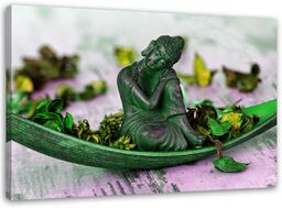 Obraz na płótnie, Figurka Buddy i płatki kwiatów zielony 120x80