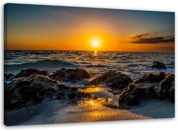 Obraz na płótnie, Kamieniista plaża zachód słońca 60x40