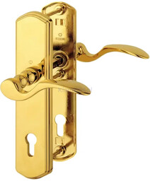 Klamka-klamka Munchen ze stalową tarczą zabezpieczającą, 77-82 mm, kolor złoty błyszczący, wersja lewa