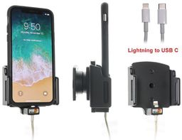 Uchwyt regulowany do Apple iPhone X w futerale o wymiarach: 70-83 mm (szer.), 2-10 mm (grubość) z możliwością wpięcia kabla lightning USB-C