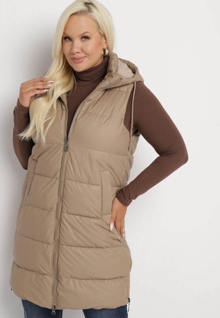 Beżowa Pikowana Kamizelka z Kapturem na Suwak i Napy Timella