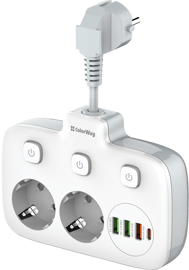 Listwa zasilająca ColorWay 2 gniazda 3 USB-A 1 USB-C 2.5 cm White (CW-CHE24PDW)
