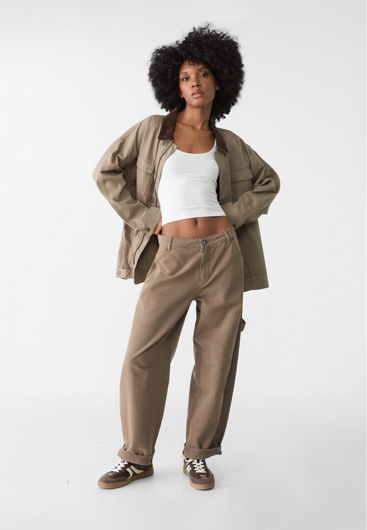 Stradivarius Spodnie baggy z diagonalu z kieszeniami  Khaki 38