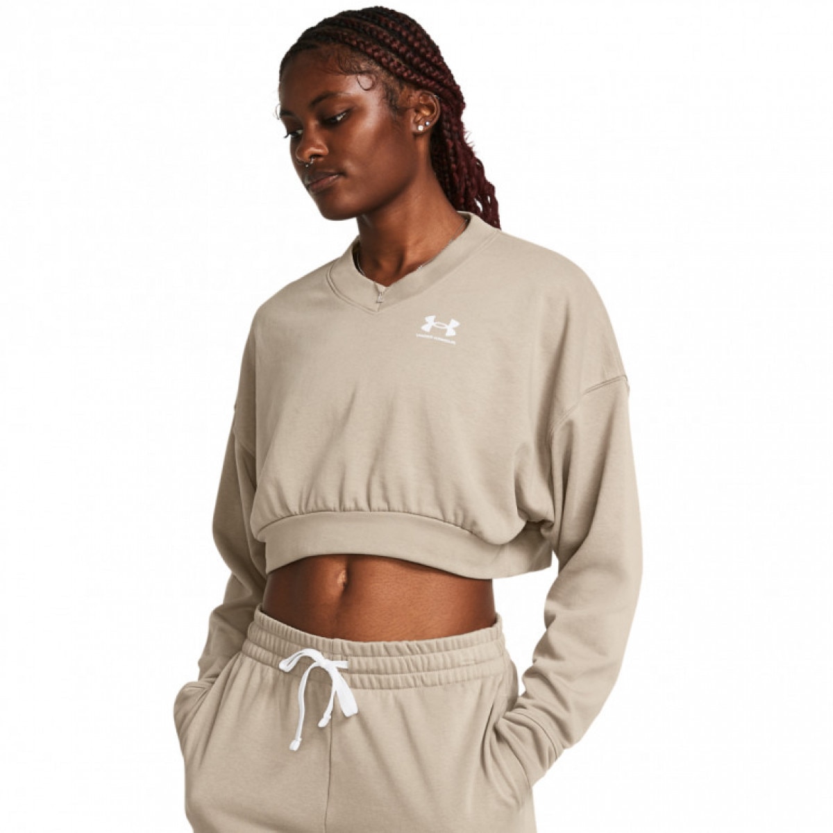 Damska bluza dresowa nierozpinana bez kaptura Under Armour UA Rival Terry OS Crop Crw - brązowa - UNDER ARMOUR