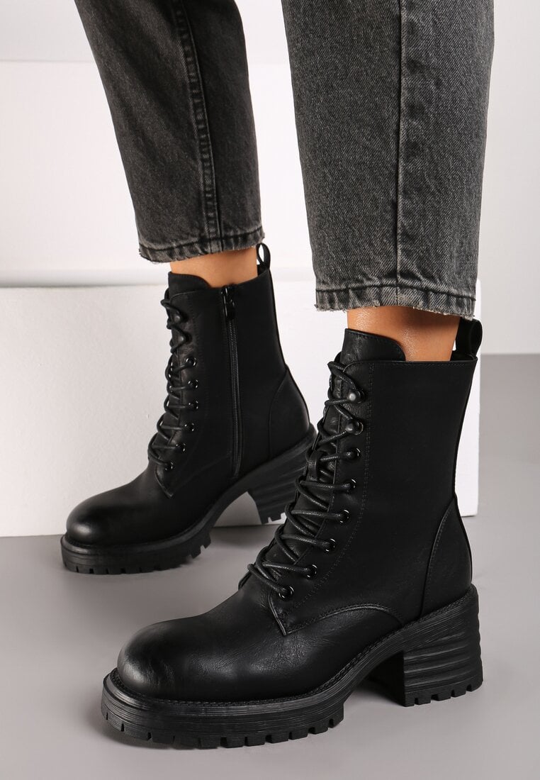Czarne Sznurowane Botki Workery na Słupku z Ociepleniem Ciabella