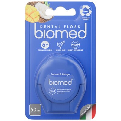 BIOMED Nić dentystyczna o smaku KOKOS i MANGO 50m (woskowana, epxading-rozszerzająca się)