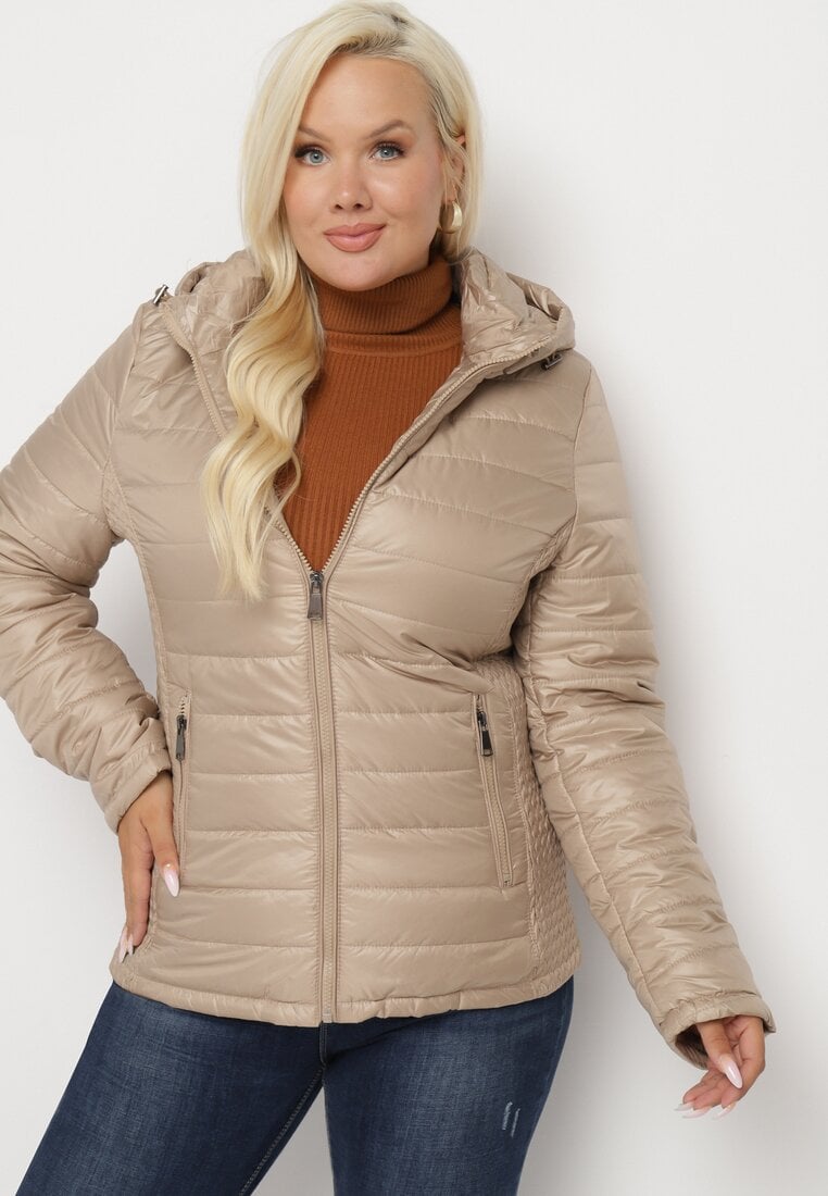 Ciemnobeżowa Pikowana Kurtka z Opinanym Kapturem i Wstawkami z Gumek Terilinde