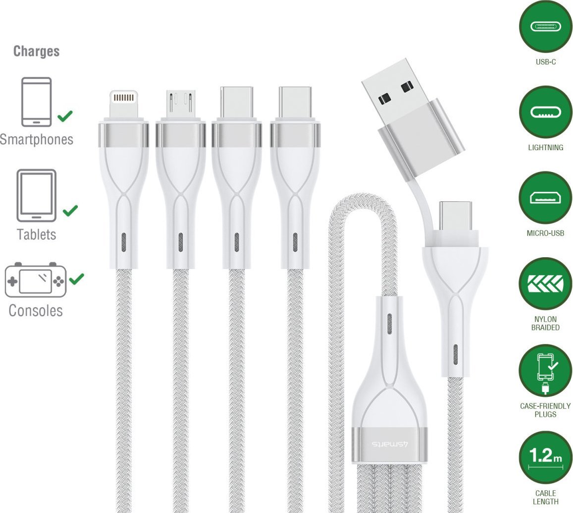 Kabel USB 4smarts 4smarts USB-C/A Multi-Ladekabel 4in2 1,2m, weiß