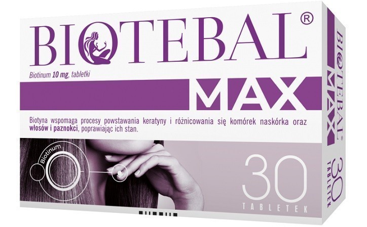 Polpharma Biotebal MAX, biotyna 10 mg, na włosy i paznokcie, 30 tabletek