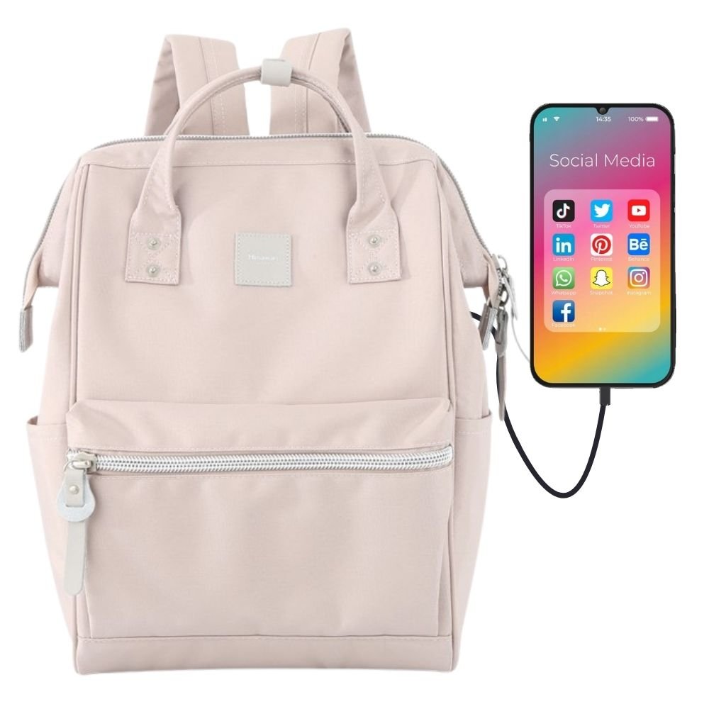 Pojemny plecak damski sportowy na laptopa z kieszeniami port USB Himawari, jasnoróżowy