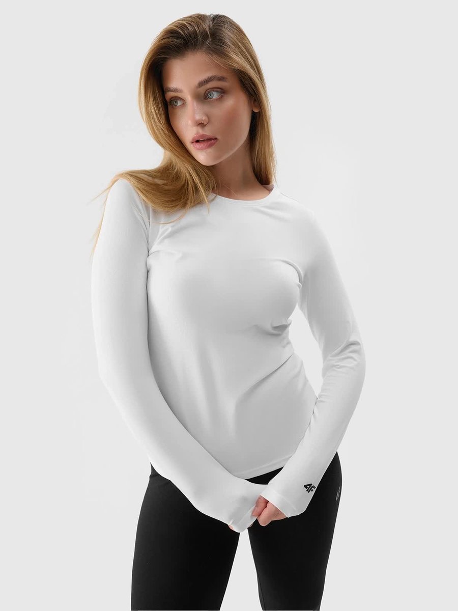 Bluzka z długim rękawem slim gładka damska 4F 4FWSS24TLONF218 10S Biały