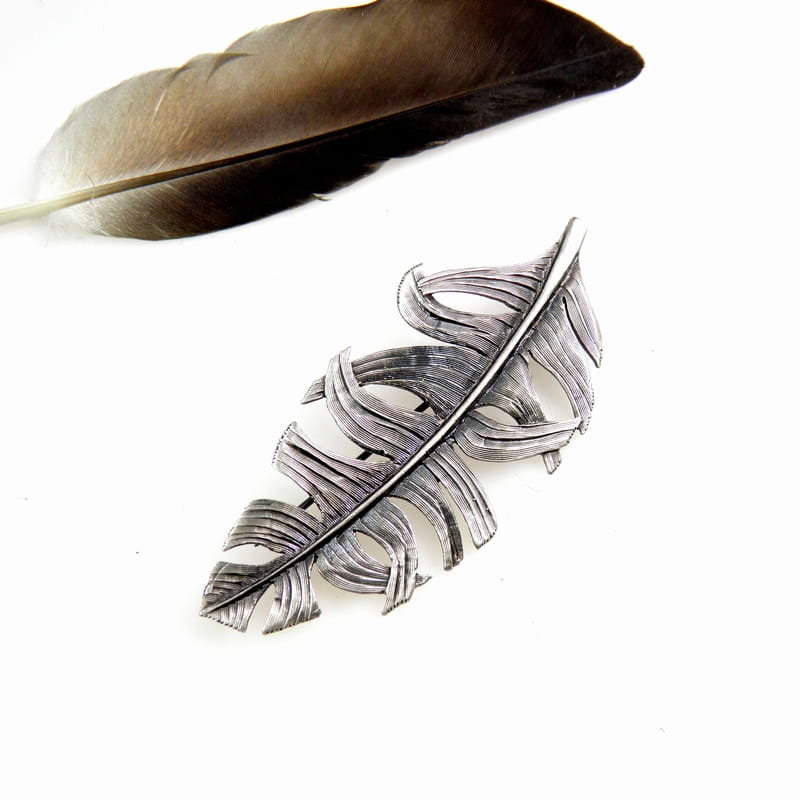 Broszka srebrna - Pióro II duże szare