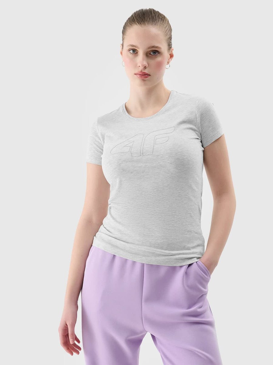 T-shirt slim z logo damski 4F 4FWSS24TTSHF1163-27M Szary