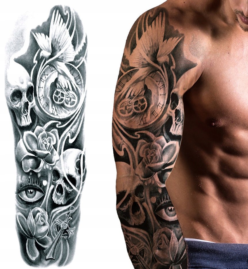 TATUAŻ ZMYWALNY RĘKAW TYMCZASOWY CZASZKA GOŁĄB ZEGAR OKO KRZYŻ TATUAŻE XXL