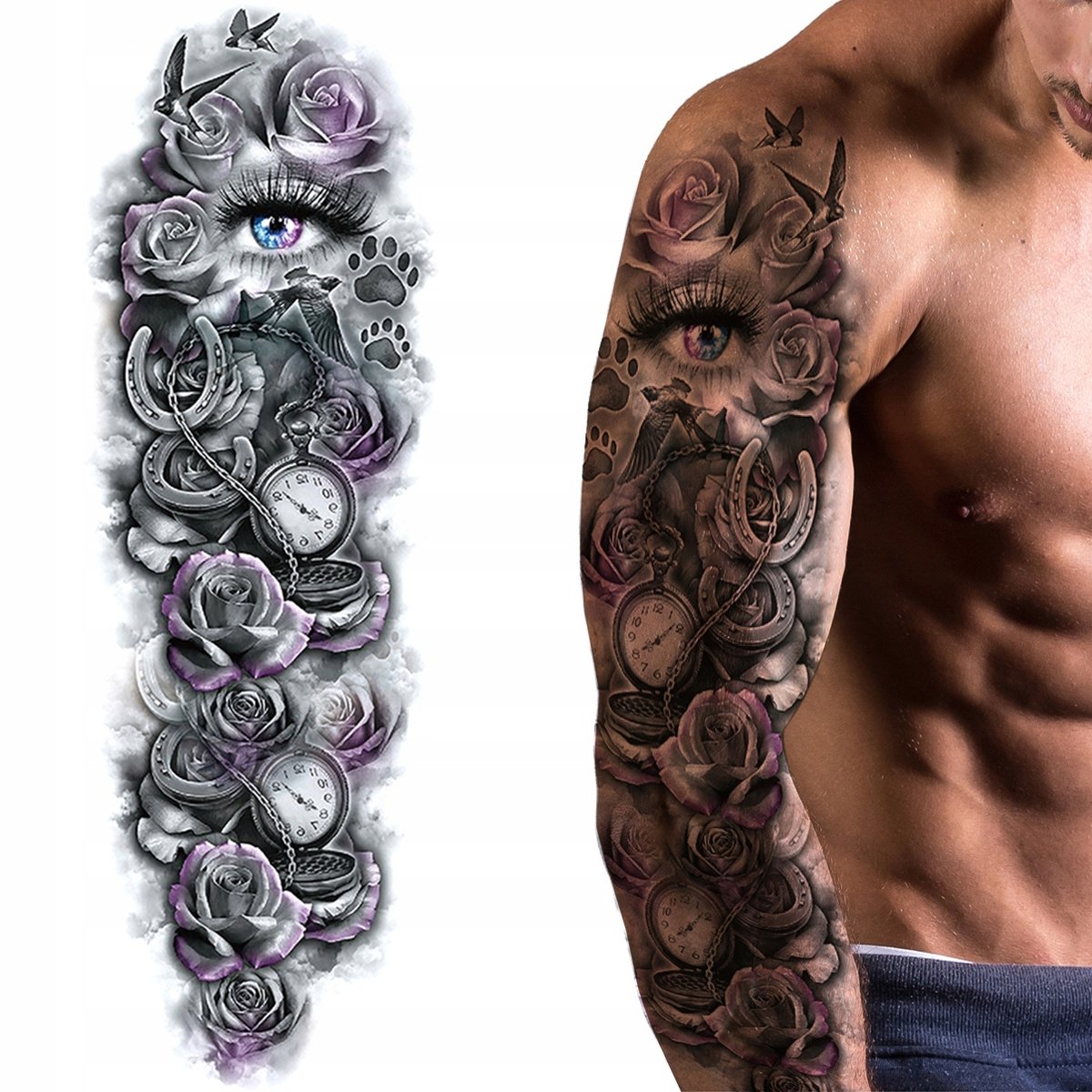 TATUAŻ ZMYWALNY TYMCZASOWY RĘKAW RÓŻE ZEGAR OKO PODKOWA NA NOGE UDO RAMIĘ