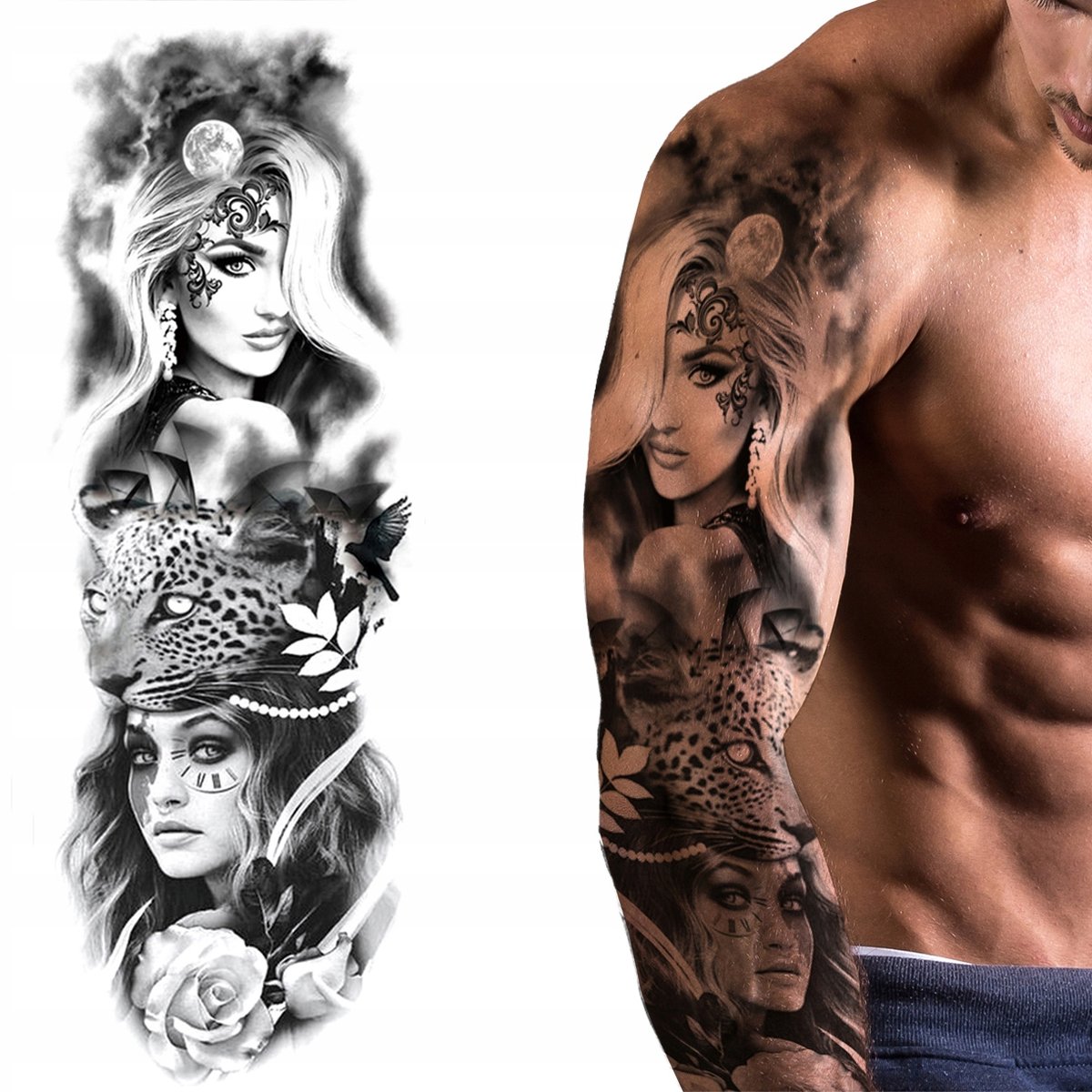 TATUAŻ TYMCZASOWY ZMYWALNY KOBIETA LAMPART TYGRYS KSIĘŻYC RĘKAW PROBNY