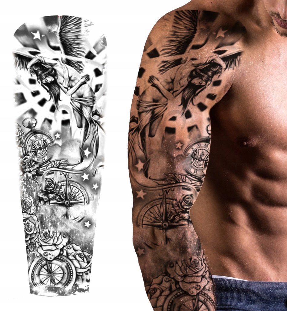 TATUAŻ TYMCZASOWY ZMYWALNY ANIOŁ KOMPAS RÓŻE GWIAZDY DUŻY WZÓR RĘKAW