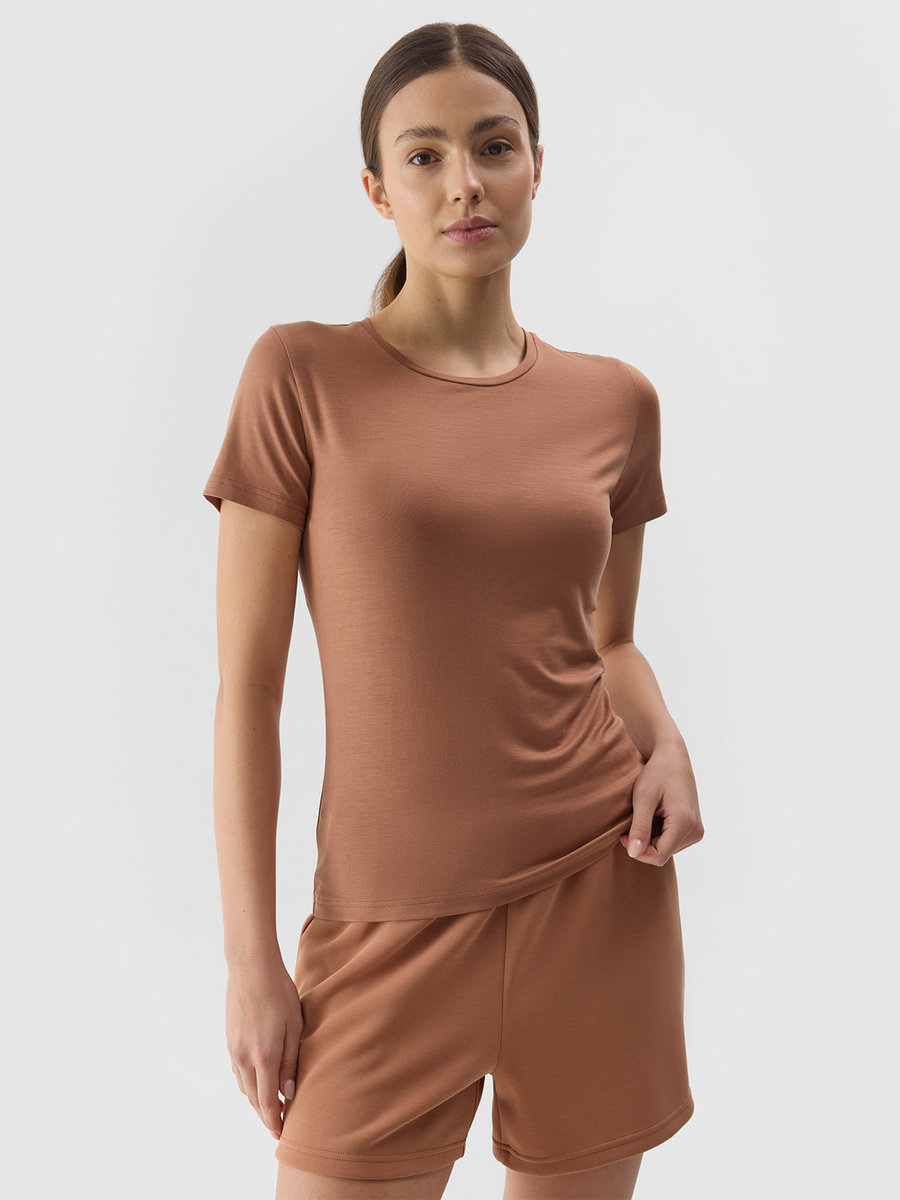 T-shirt slim gładki damski 4F 4FWSS24TTSHF1267-81S Brązowy