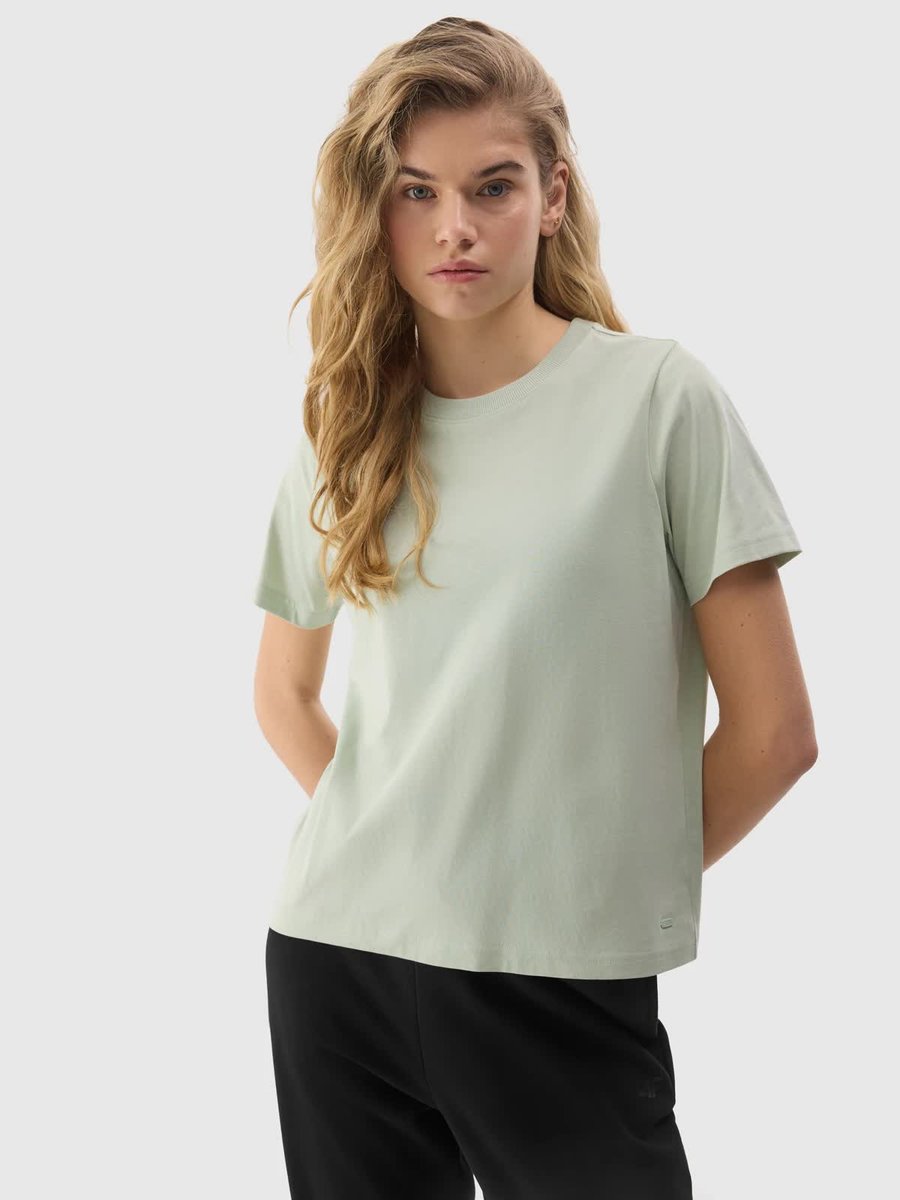 T-shirt gładki z bawełną organiczną damski 4F 4FWSS24TTSHF1360-12S Zielony
