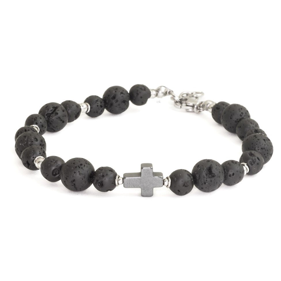 Bransoletka krzyż unisex lawa, hematyt 