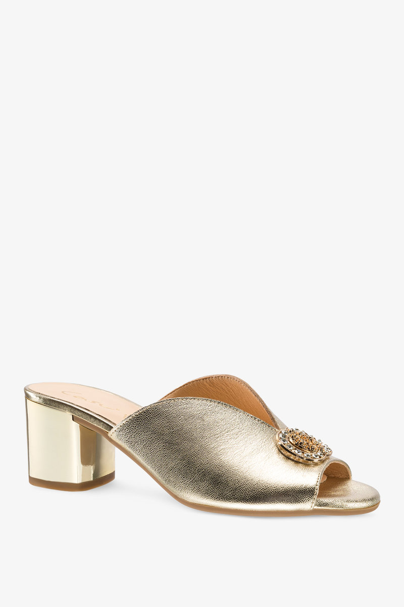 Złote klapki skórzane damskie na złotym klocku zabudowane z ozodbą cyrkonie PRODUKT POLSKI Casu 2714-703-38