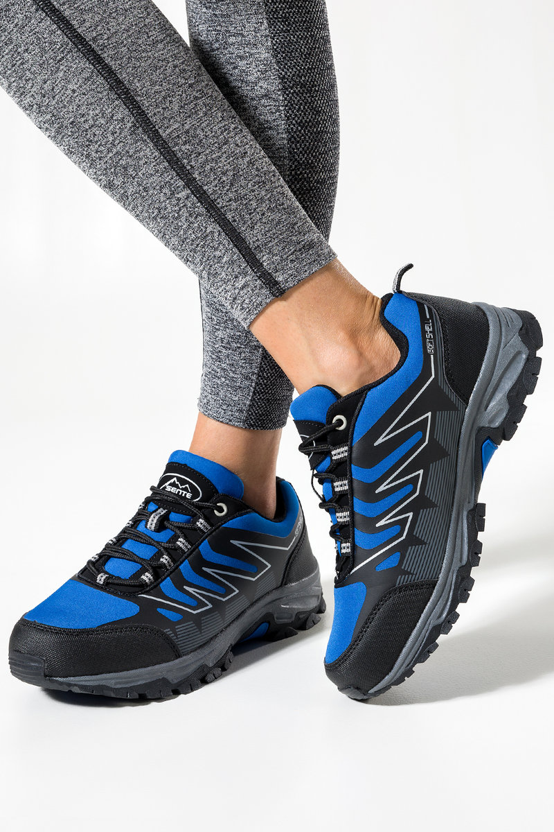 Niebieskie buty trekkingowe damskie sznurowane z czarnymi dodatkami softshell Casu B2113-3-36