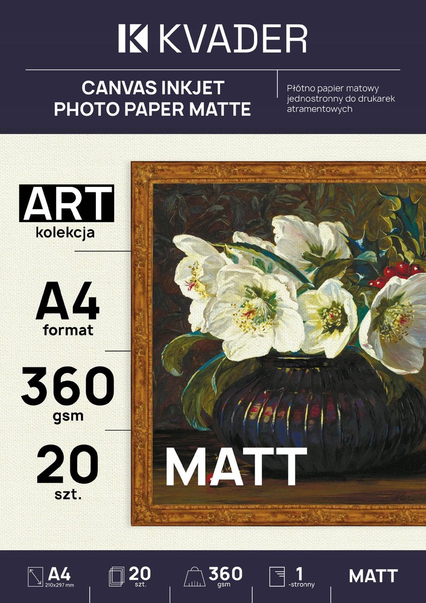 PŁOTNO A4 DO DRUKARKI ATRAMENTOWEJ PAPIER CANVAS MATOWY NATURALNY 360g 20sz
