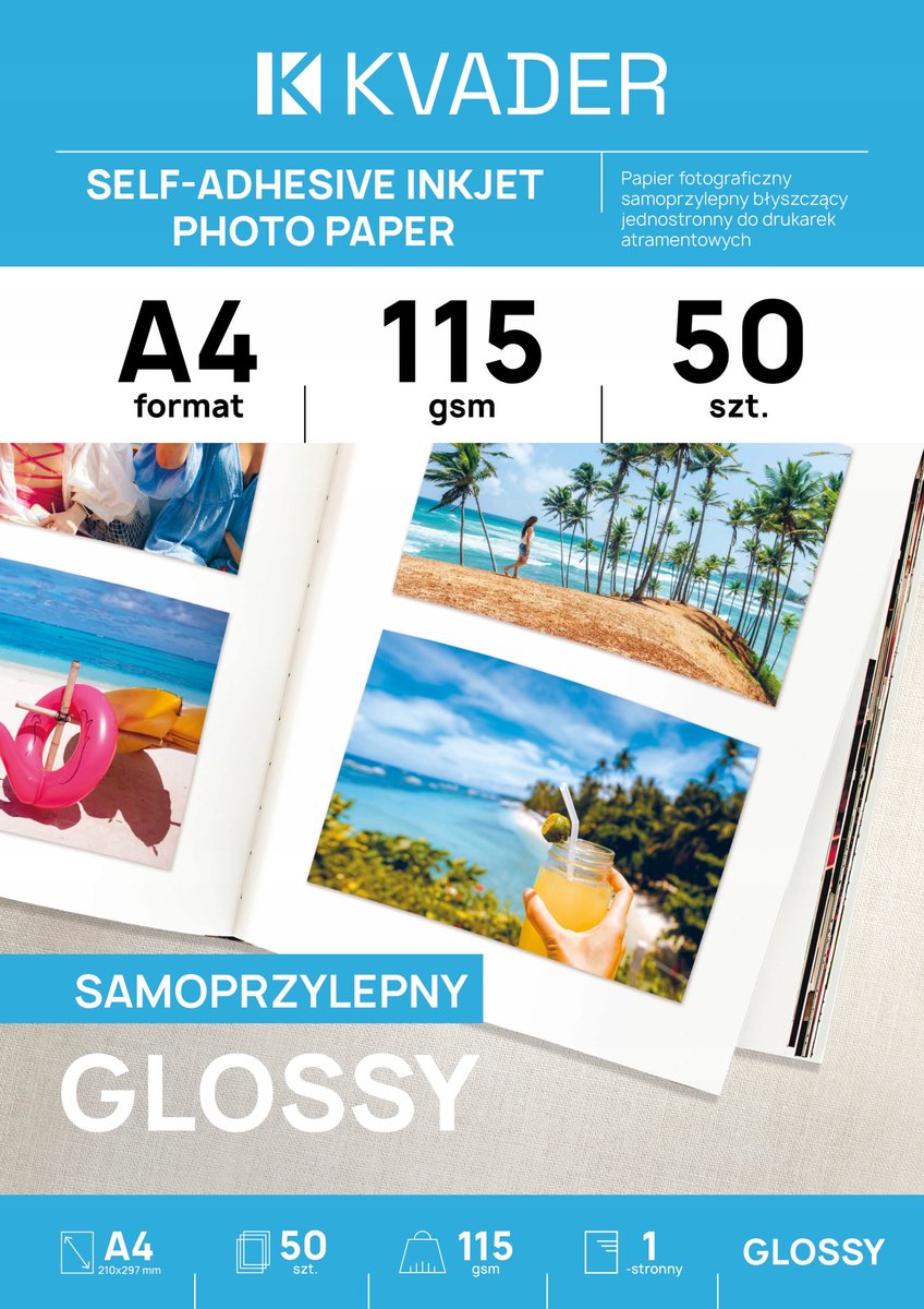A4 PAPIER DO ZDJĘĆ FOTO SAMOPRZYLEPNY 115g POŁYSK 50szt WYDRUK ATRAMENTOWY