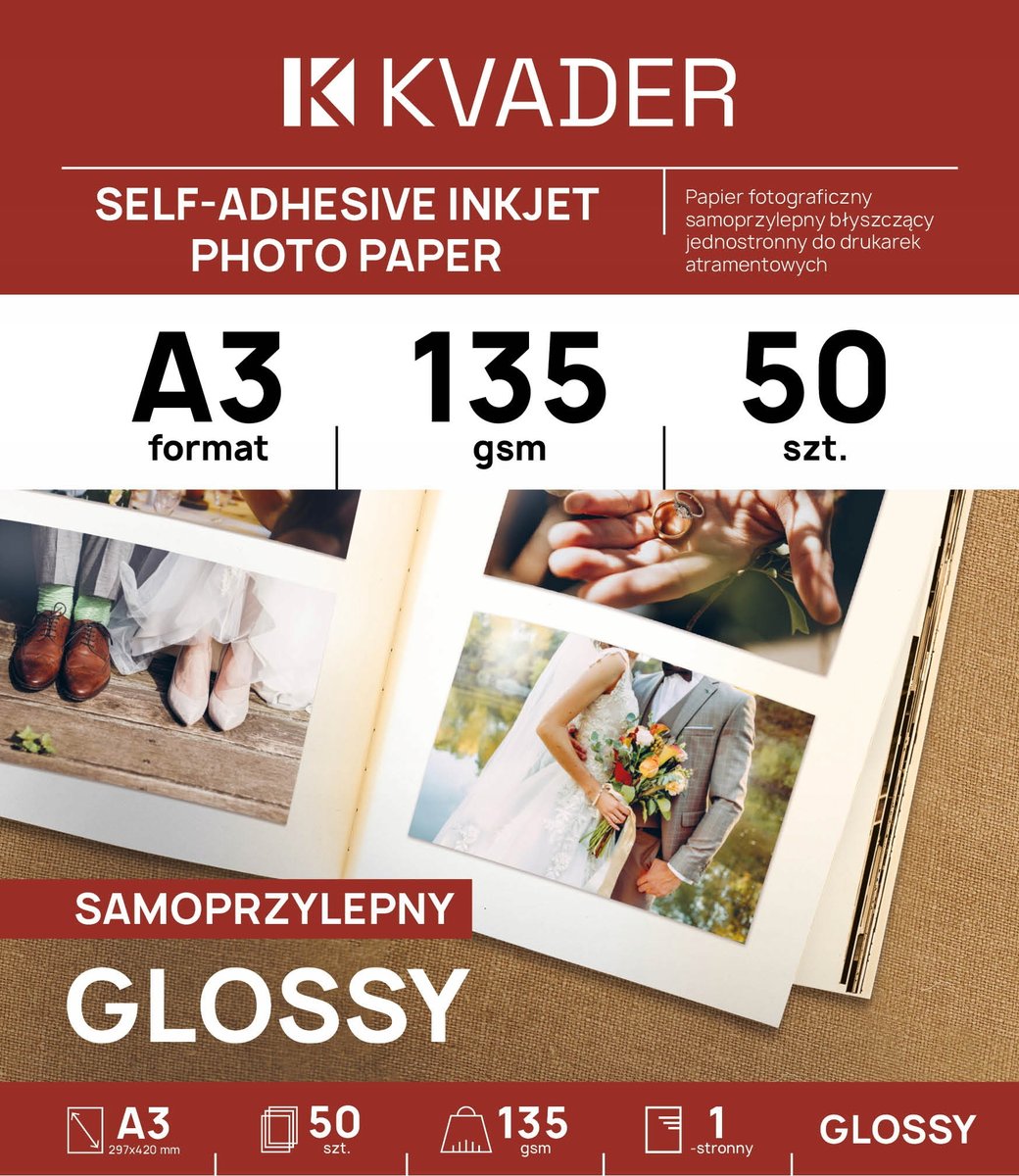 A3 PAPIER SAMOPRZYLEPNY FOTO BŁYSZCZĄCY 50 szt DO DRUKARKI ATRAMENTOWEJ