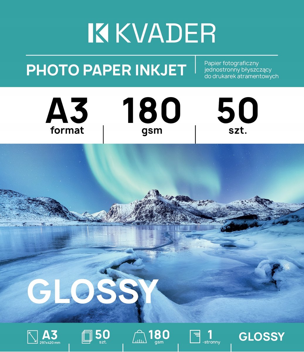 PAPIER A3 FOTOGRAFICZNY BŁYSZCZĄCY 180g DO DRUKAREK ATRAMENTOWYCH 50szt